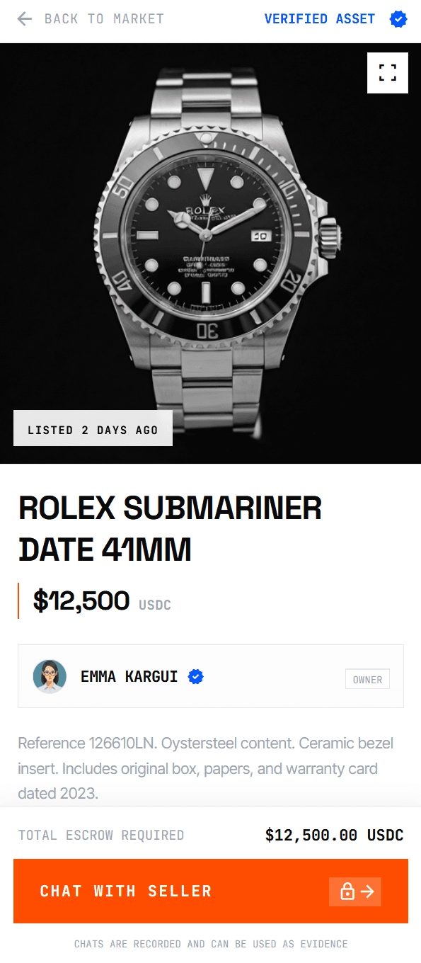 Listing view with verified asset